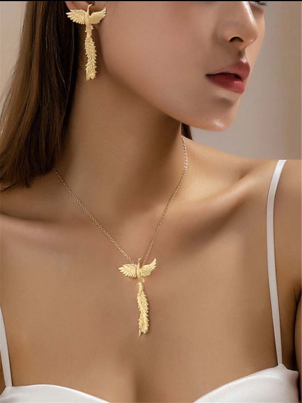 Gold Angel Wing Feather Pendant Necklace and Earring Set